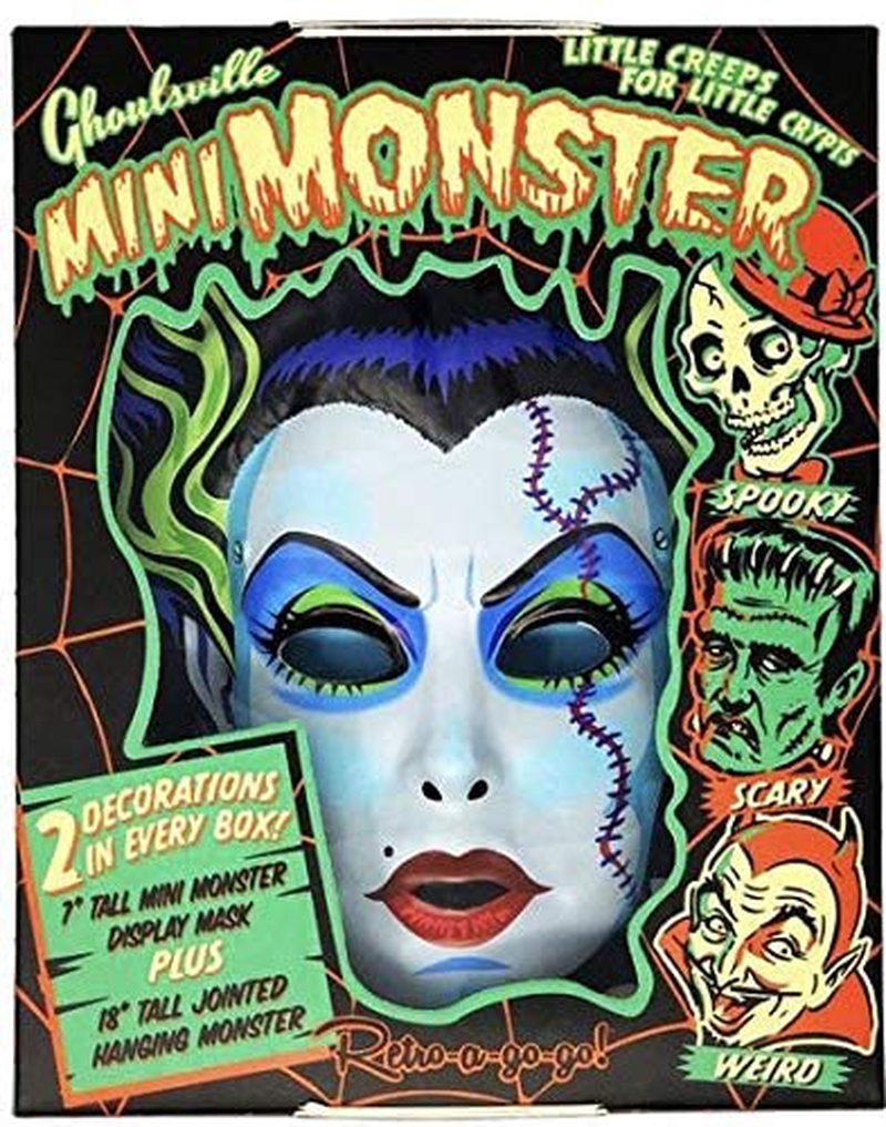 Retro-a-go-go Ghoulsville 7" Mini Monster Display Mask and 18" Jointed Hanging Monster Wall Decor in Retro Window Box (Little Frankie)