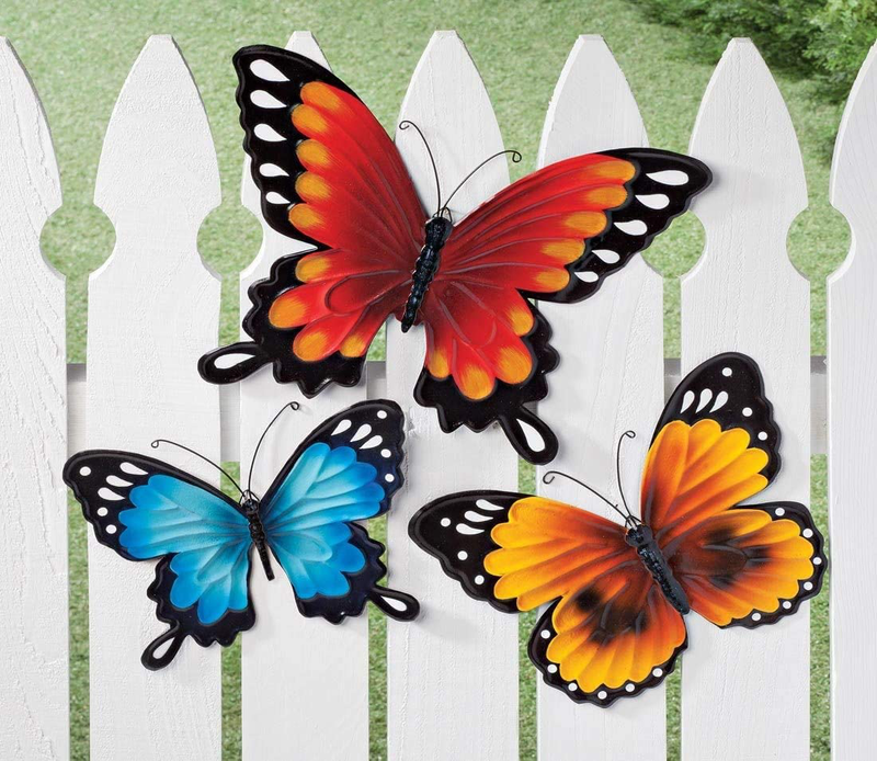 Fox Valley Traders Indoor/Outdoor Metal Butterflies, Set of 3 - Blue, Yellow, and Orange Butterflies with 7", 8", and 10" Diameters and Triangle Display Hook, One Size Fits All Home & Garden > Decor > Artwork > Sculptures & Statues Fox Valley Traders   