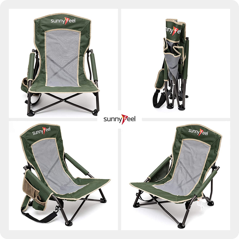 Sunnyfeel Low Camping Chair, Lightweight Portable Folding Chair with Mesh Back, Cup Holder&Side Pocket for Beach/Lawn/Outdoor/Travel/Picnic/Concert, Foldable Camp Chair with Carry Bag (2Pcs Green)