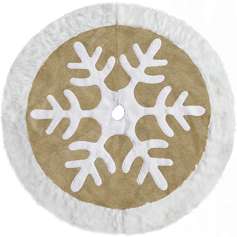 Ivenf Christmas Tree Skirt, Burlap Snowflakes with White Thick Plush Faux Fur Trim, 48 inches Rustic Yellow Burlap Feel Xmas Decorations, Indoor Outdoor Home Holiday Party Decor