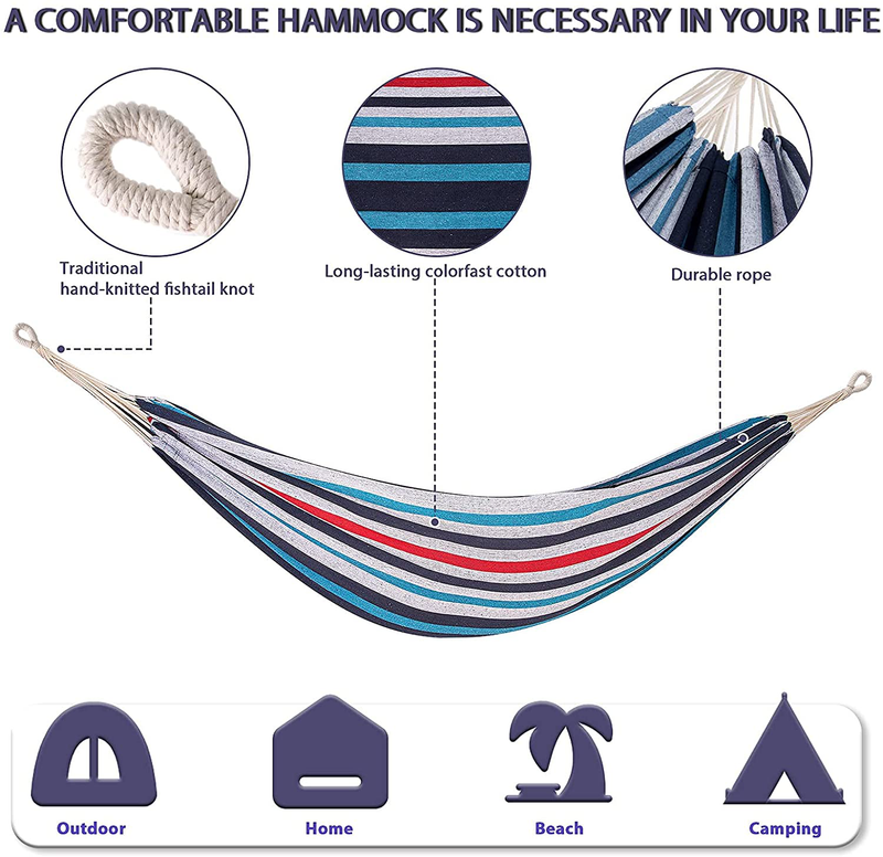 TDP-N5 Double Cotton Hammock with Hanging 2 Person Fabric Hammock Up to 450 lbs Portable Hammock with Travel Bag,Perfect for Camping Outdoor/Indoor Patio Backyard (Denim with Charcoal Frame) Home & Garden > Lawn & Garden > Outdoor Living > Hammocks TDP-N5   