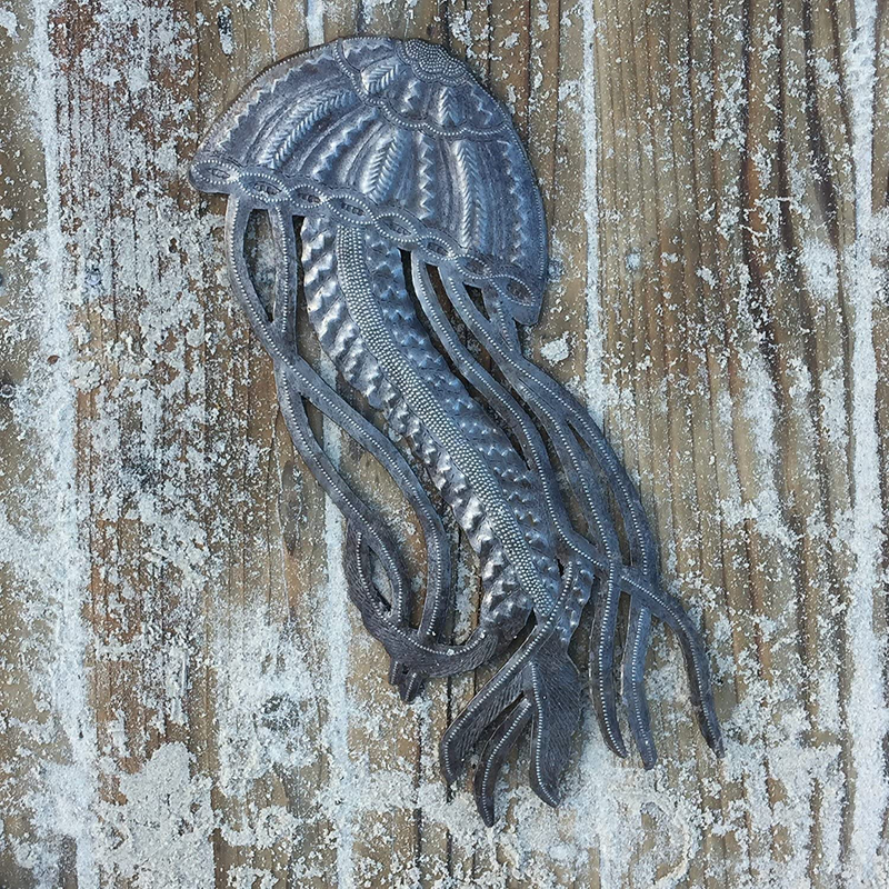 Jellyfish, Nautical Theme Wall Hanging Plaques, Sea Life Ocean Creature, Authentic Upcycled Artwork, Handmade in Haiti 17 x 7 Inches