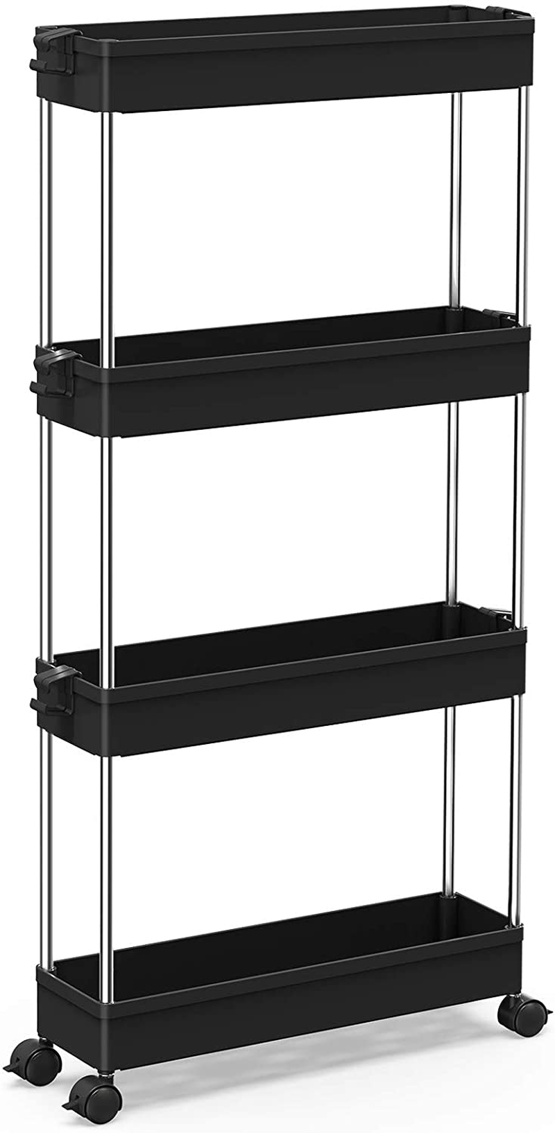 SPACEKEEPER 4 Tier Slim Storage Cart Mobile Shelving Unit Organizer Slide Out Storage Rolling Utility Cart Tower Rack for Kitchen Bathroom Laundry Narrow Places, Plastic & Stainless Steel, White Home & Garden > Kitchen & Dining > Food Storage SPACEKEEPER Black  