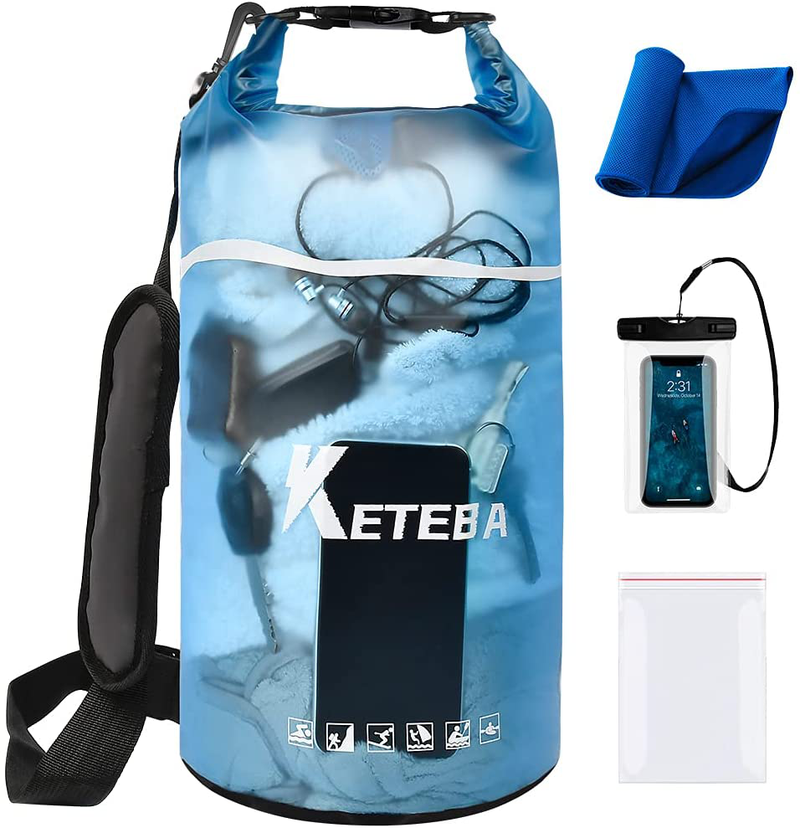KETEBA Waterproof Dry Bags Floating for Women Men, 2L/5L/10L/20L Roll Top Lightweight Clear Storage Outdoor Backpack Dry Bag with Phone Case Sports Towel for Travel Swimming Camping Beach Kayaking Sporting Goods > Outdoor Recreation > Boating & Water Sports > Swimming KETEBA Blue 10L 