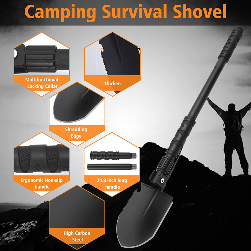 FLYEGO Survival Camping Shovel, 24.8 Inch Lightweight Shovel Folding Multitool, High Carbon Steel Army Metal Detecting Tool, Entrenching E Tool for Digging, Car, Backpacking Sporting Goods > Outdoor Recreation > Camping & Hiking > Camping Tools FLYEGO   