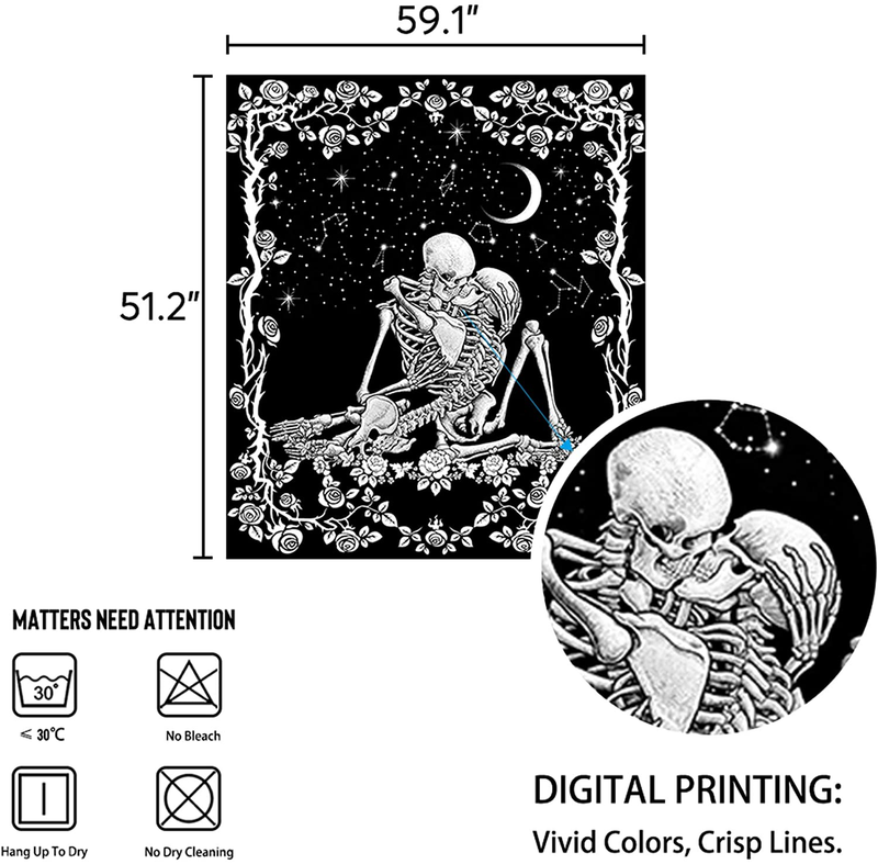 pinata Skull Tapestry The Kissing Lovers Tapestry Wall Hanging, Black and White Romantic Moon Constellation Skeleton Tapestry for Living Room Bedroom Dorm Decoration (51.2” x 59.1”)