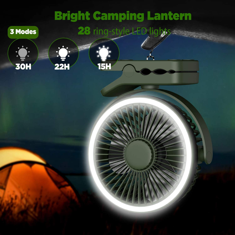 OUTXE Camping Fan with LED Light 6700Mah Clip-On Tent Fan with Hanging Hook USB Rechargeable Tent Fan Portable Fan Outdoor