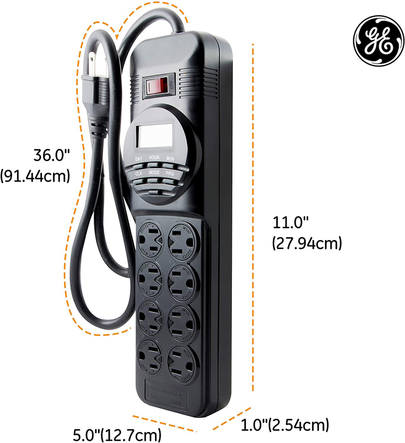 GE 7-Day Programmable Power Strip with Digital Timer, 8 Grounded Outlets (4 Timed / 4 Always On), Indoor, 15 Amp, 1800W, Easy Presets and Custom Settings for Weekly Cycle, Minute Intervals, 15077 Black Home & Garden > Lighting Accessories > Lighting Timers GE   