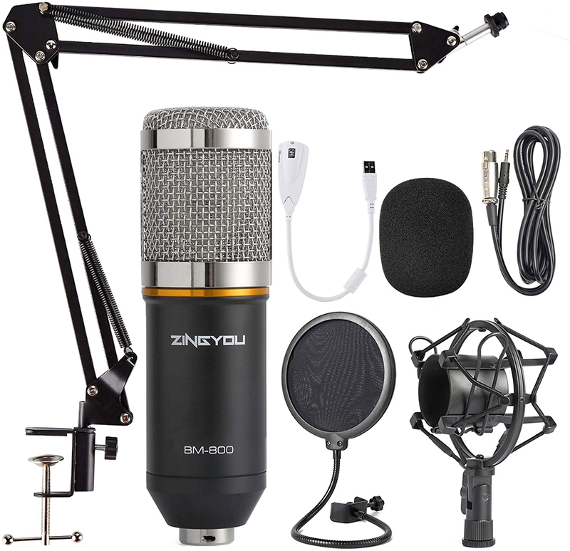 ZINGYOU Condenser Microphone Bundle, BM-800 Mic Kit with Adjustable Mic Suspension Scissor Arm, Shock Mount and Double-Layer Pop Filter for Studio Recording & Brocasting (BM-800 Microphone Bundle)