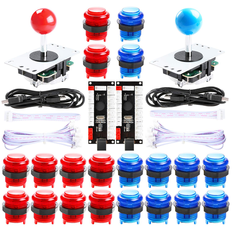Hikig 2 Player led arcade buttons and joysticks DIY kit 2x joysticks + 20x led arcade buttons game controller kit for MAME and Raspberry Pi - Red + Blue Color