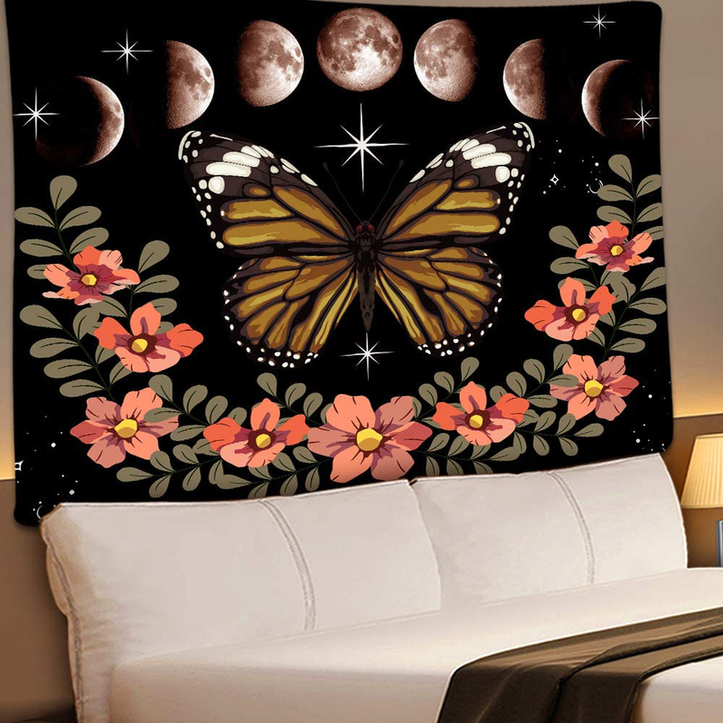 Moonlit Garden Tapestry, Moon Phase Tapestries Butterfly Flower Vine Tapestry Wall Hanging for for Bedroom Living Room Dorm Office Bed Cover 80X60 Inches GTZYUH201 Home & Garden > Decor > Artwork > Decorative Tapestries UHOMETAP   