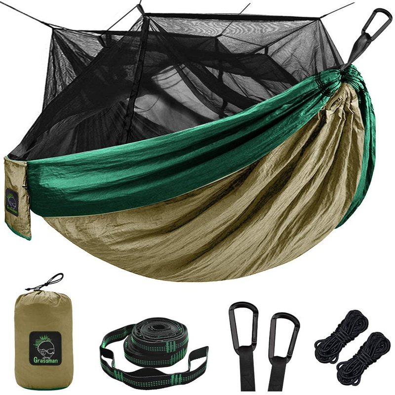 Single & Double Camping Hammock with Mosquito/Bug Net, Portable Parachute Nylon Hammock with 10Ft Hammock Tree Straps 17 Loops and Easy Assembly Carabiners, for Camping, Backpacking, Travel, Hiking Sporting Goods > Outdoor Recreation > Camping & Hiking > Mosquito Nets & Insect Screens Zoocee Khaki One person 