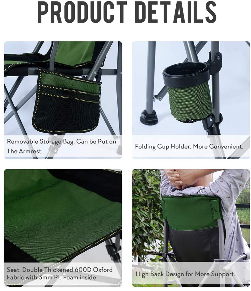 Homcosan Portable Camping Chair Folding Quad Outdoor Large Heavy Duty Support 330 Lbs Thicken 600D Oxford with Padded Armrests, Storage Bag, Beverage Holder, Carry Bag for Outside(Green) Sporting Goods > Outdoor Recreation > Camping & Hiking > Camp Furniture Homcosan   