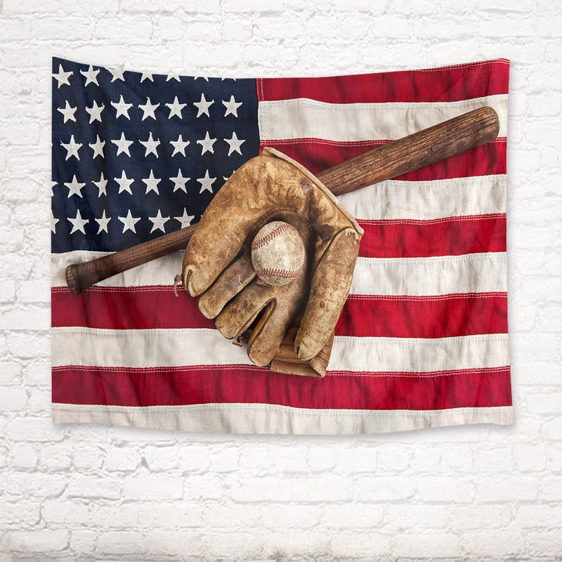 HVEST Sport Tapestry Baseball Glove and Bat Wall Hanging American Flag Wall Tapestry for Bedroom Living Room Dorm Party Wall Decor,60Wx40H inches Home & Garden > Decor > Artwork > Decorative Tapestries HVEST   