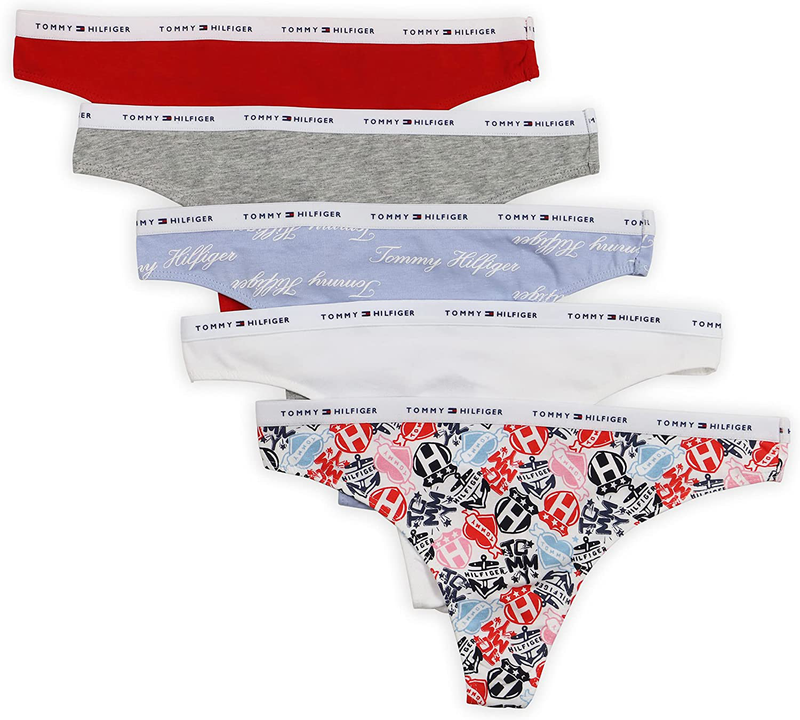 Tommy Hilfiger Women's Classic Cotton Thong, 5 Pack Apparel & Accessories > Clothing > Underwear & Socks > Bras Tommy Hilfiger Tattoo/White/Th Calligraphy / Heather/Red Large 