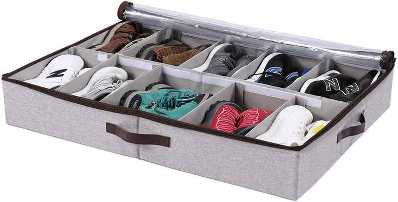 HOONEX under Bed Shoe Storage Organizer with Adjustable Dividers, Shoe Holder with Leather Handles, 2 Pack, Store 24 Pairs in Total, Grey Furniture > Cabinets & Storage > Armoires & Wardrobes HOONEX Grey-1 Pack  