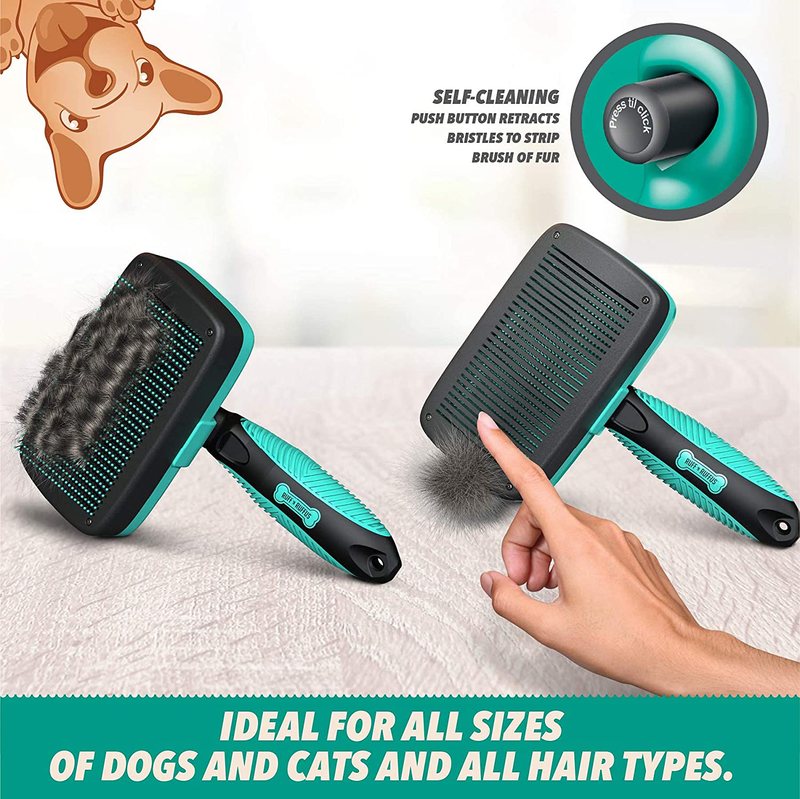 Ruff 'N Ruffus Self-Cleaning Slicker Brush + FREE Pet Nail Clippers | UPGRADED PAIN-FREE BRISTLES | Cat Dog Brush Grooming Gently Reduces Shedding & Tangling For All Hair Type…