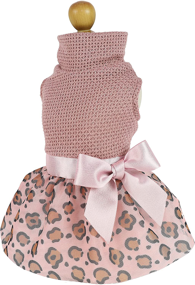 Fitwarm Leopard Dog Dress Lightweight Knitted Pet Clothes with Bowknot Doggie Turtleneck Tutu Puppy Girl One-Piece Doggy Outfits Cat Apparel Animals & Pet Supplies > Pet Supplies > Dog Supplies > Dog Apparel Fitwarm   