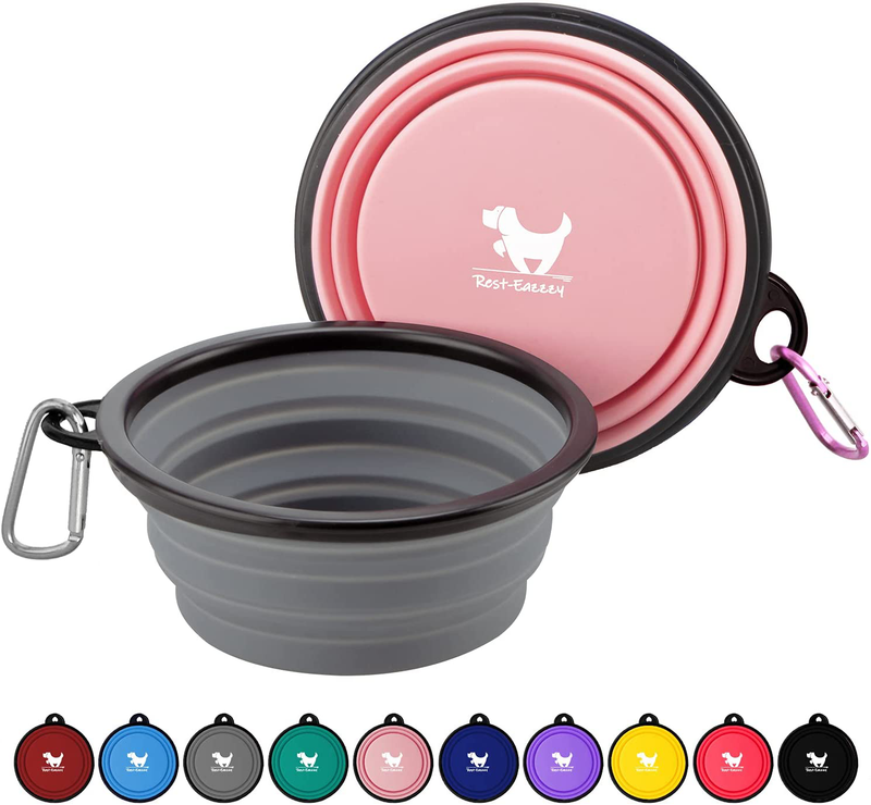 Rest-Eazzzy Expandable Dog Bowls for Travel, 2-Pack Dog Portable Water Bowl for Dogs Cats Pet Foldable Feeding Watering Dish for Traveling Camping Walking with 2 Carabiners, BPA Free  Rest-Eazzzy grey&pink Medium 