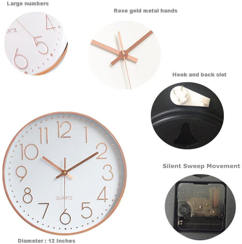 Foxtop Modern Wall Clock 12 Inch Non-Ticking Rose Gold Wall Clock Silent Battery Operated Round Quartz Clock for Living Room Bedroom Home Office School Decor Home & Garden > Decor > Clocks > Wall Clocks Foxtop   