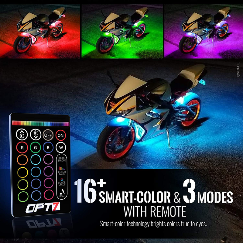 OPT7 Aura Motorcycle LED Accent Lighting Kit, RGB Multi-Color Lights Kit with Remote, Motorcycle Lights Underglow Strips Accessories with Switch for Sportsbike Cruisers, 10pc Double Row  ‎OPT7   