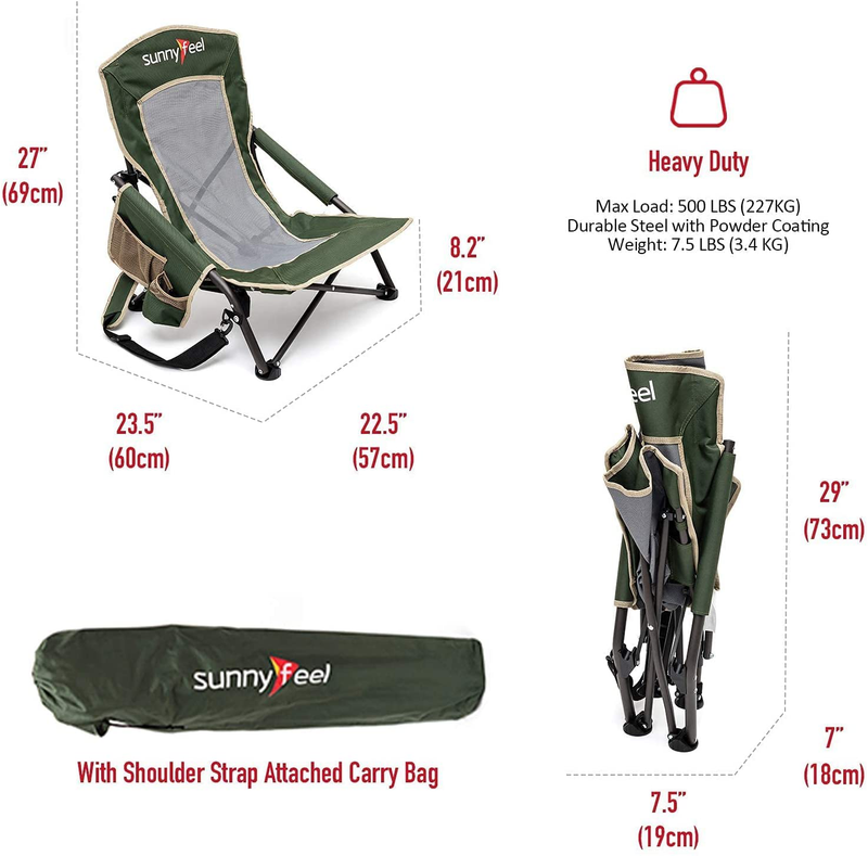 SUNNYFEEL Folding Camping Chair, Low Beach Chair Lightweight with Mesh Back,Cup Holder,Side Pocket,Padded Armrest,Sling, Portable Camp Chairs for Outdoor Picnic Fishing Lawn Concert (Green) Sporting Goods > Outdoor Recreation > Camping & Hiking > Camp Furniture Sunnyfeel   