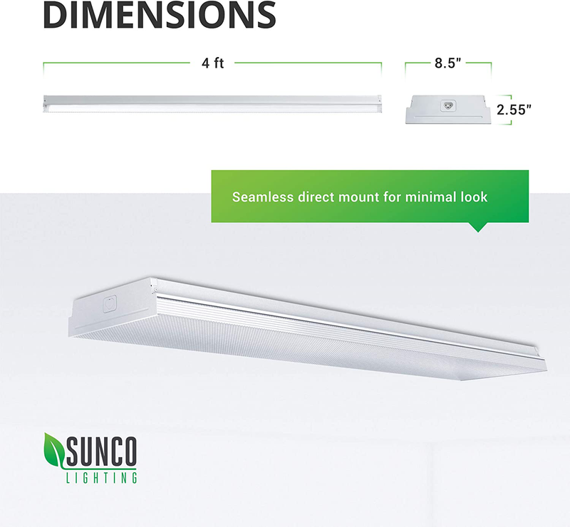 Sunco Lighting 8.5" Wraparound Garage LED Shop Light 4FT 5000K Daylight, 60W, 7200 LM, Integrated LED, Prismatic Lens, Hardwired, Linkable, Flush Mount Ceiling Light Fixture - ETL, Energy Star 4 Pack
