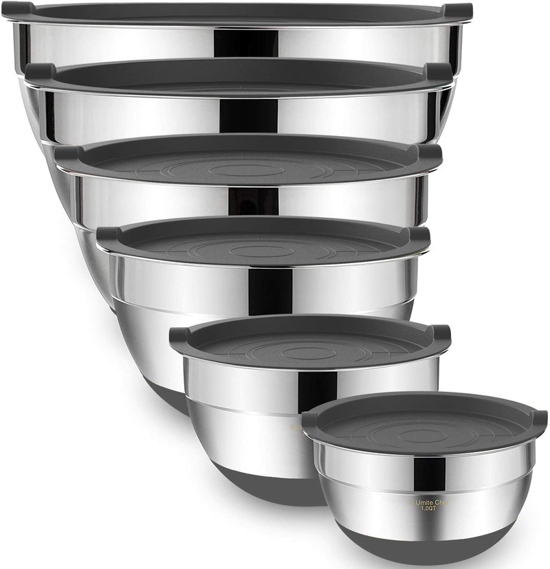 Mixing Bowls with Airtight Lids, 6 piece Stainless Steel Metal Bowls by Umite Chef, Colorful Non-Slip Bottoms Size 7, 3.5, 2.5, 2.0,1.5, 1QT, Great for Mixing & Serving Home & Garden > Kitchen & Dining > Cookware & Bakeware Umite Chef Gray  