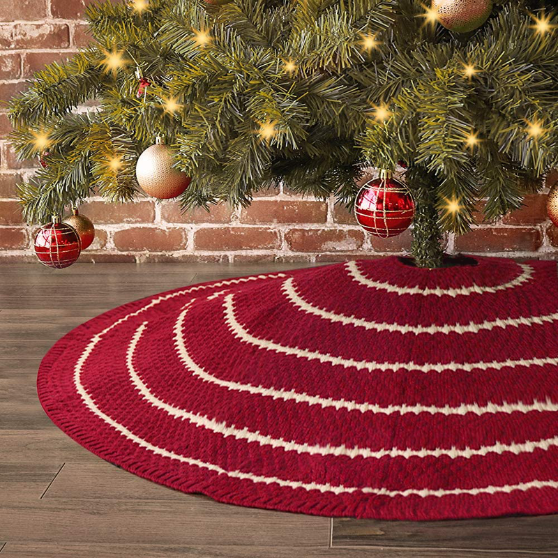 LimBridge Christmas Tree Skirt, 48 inches Knitted Rustic Stripe Thick Heavy Yarn Knit Xmas Holiday Decoration, Burgundy and Cream Home & Garden > Decor > Seasonal & Holiday Decorations > Christmas Tree Skirts LimBridge Default Title  