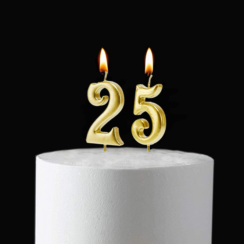 MMJJ Gold 25th Birthday Candles, Number 25 Cake Topper for Birthday Decorations