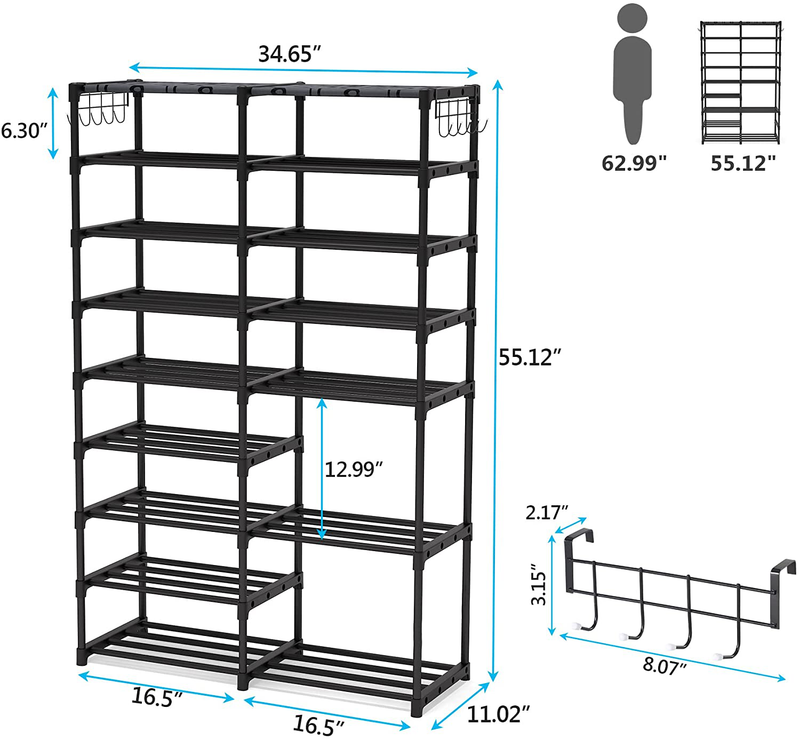 Shoe Rack Organizer,32-40 Pairs Shoe Storage Shelf,9 Tiers Shoe Stand,Shoerack for Closet,Boot Organizer with 2 Hooks,Stackable Shoe Tower Furniture > Cabinets & Storage > Armoires & Wardrobes Tribesigns   