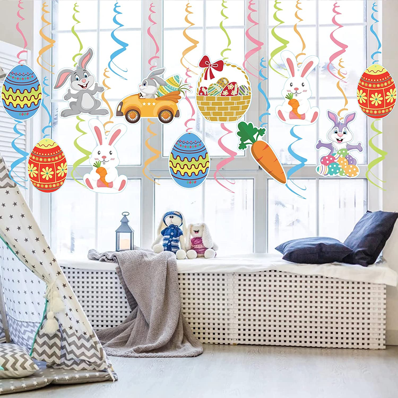 Mocossmy Easter Hanging Swirl Decorations,30 PCS Cute Easter Egg Bunny Carrot Hanging Swirl Foil Ceiling Streamers for Easter Party Supplies Favors Spring Holiday Ornaments Home Classroom Decoration