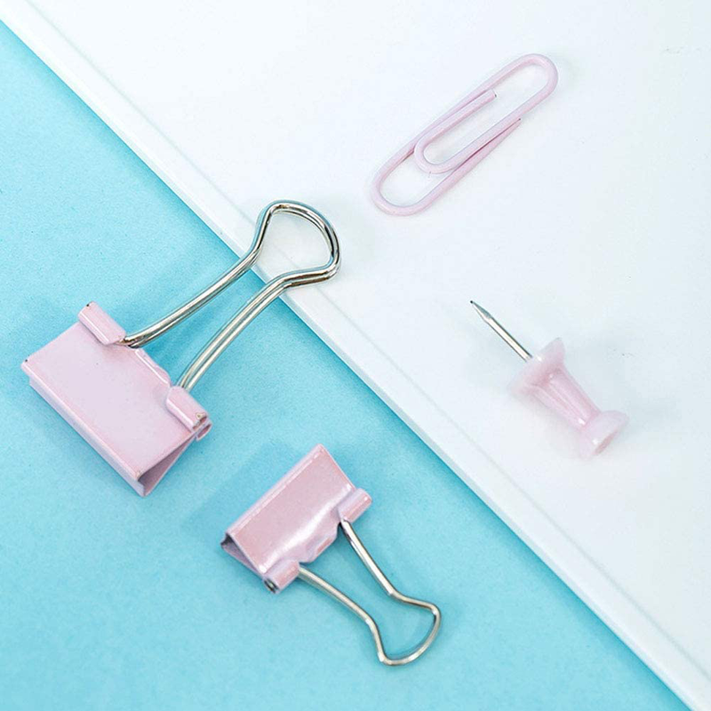 Paper Clips and Binder Clips Push Pins Set and Holder, Syitem Non-Skid Map Tacks Thumbtacks Clips Kits with Container for Office School Home Desk Supplies, 72 PCS Assorted Sizes (Pink) ¡­