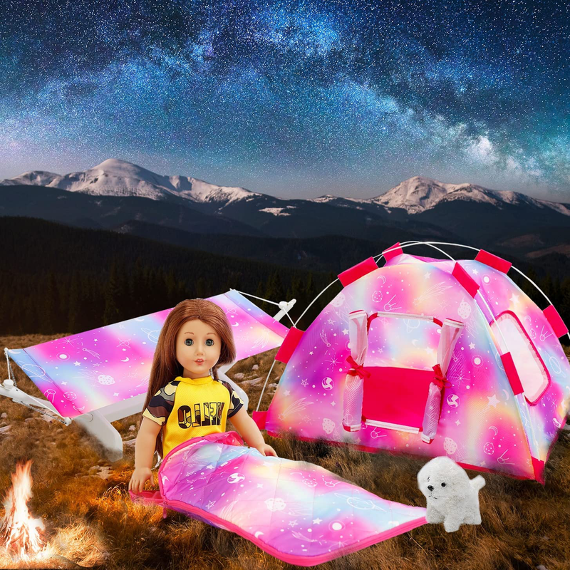 HOAKWA American 18 Inch Girl Dolls Camping Tent Accessories Set - Include Doll Camping Tent, Doll Hammock Bed, Sleeping Bag, Camera, Backpack, Toy Dog - 6 Items Fits My Life, Generation, Journey Dolls