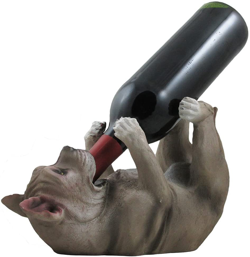 Drinking Pit Bull Wine Bottle Holder Statue in Decorative Home Bar Decor Pet Sculptures & Pitbull Figurines, Wine Racks and Stands and Collectible Gifts for Dog Lovers