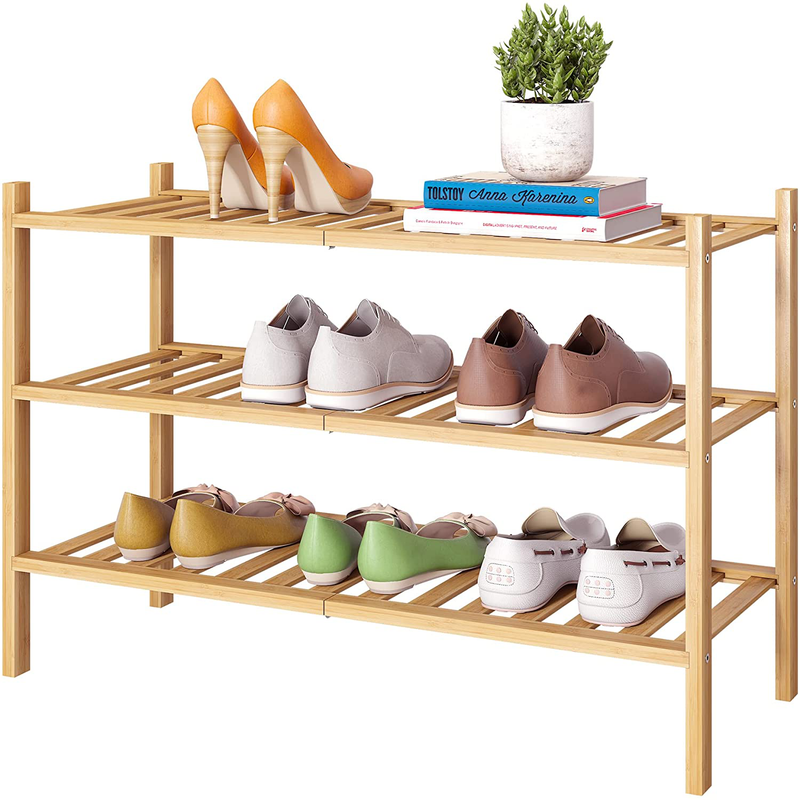 FILWH Bamboo Shoe Rack Stackable Shoe Shelf Storage Organizer for Unit Entryway Hallway and Closet Sturdy Freestanding Shoe Shelf Natural (3 Tier) Furniture > Cabinets & Storage > Armoires & Wardrobes FILWH Natural 3-Tier 