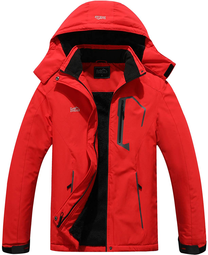 Pooluly Men's Ski Jacket Warm Winter Waterproof Windbreaker Hooded Raincoat Snowboarding Jackets  Pooluly Red X-Large 