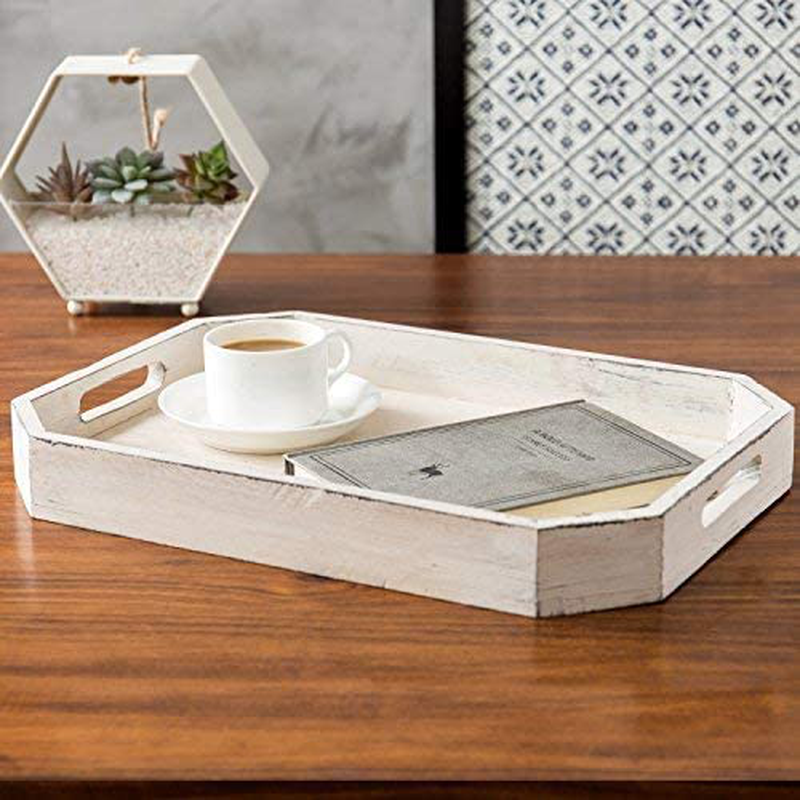 MyGift Rustic Whitewashed Wood Serving Tray with Cut-out Handles and Angled Edges for Breakfast in Bed, Coffee Tables, and Party Decor Home & Garden > Decor > Decorative Trays MyGift   