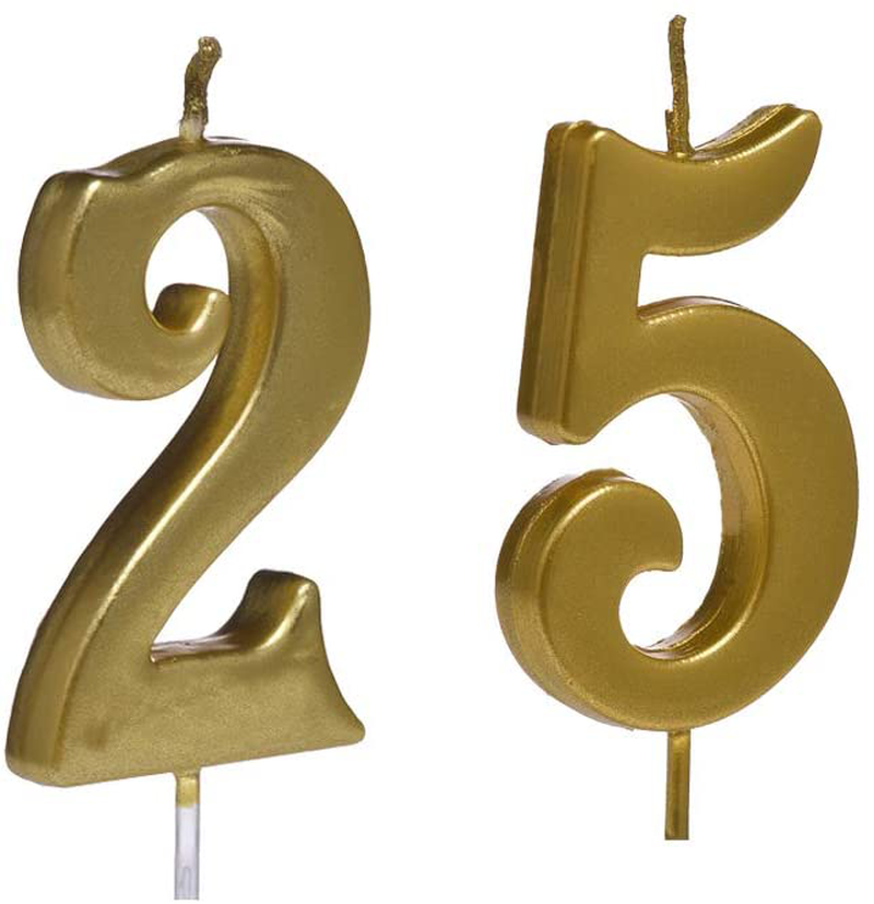 MMJJ Gold 25th Birthday Candles, Number 25 Cake Topper for Birthday Decorations