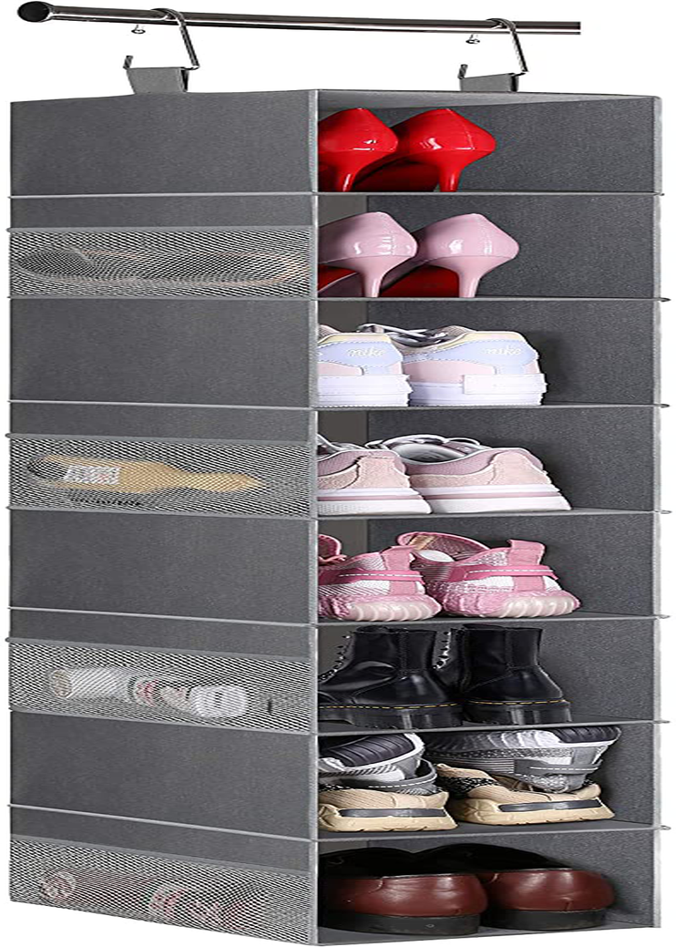 MISSLO 8-Shelf Hanging Shoe Organizer Clothes Closet Organizers and Storage Shelves Hat Holder with Large Shelf and Side Mesh Pockets for Hats Handbags Kid Sweater, Grey Furniture > Cabinets & Storage > Armoires & Wardrobes MISSLO Gray  