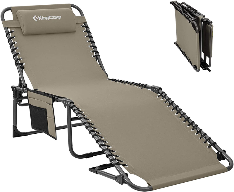 Kingcamp 4-Fold Folding Outdoor Chaise Lounge Chair for Beach, Sunbathing, Patio, Pool, Lawn, Deck, Lay Flat Portable Lightweight Heavy-Duty Adjustable Camping Reclining Chair with Pillow Sporting Goods > Outdoor Recreation > Camping & Hiking > Camp Furniture KingCamp Biege  
