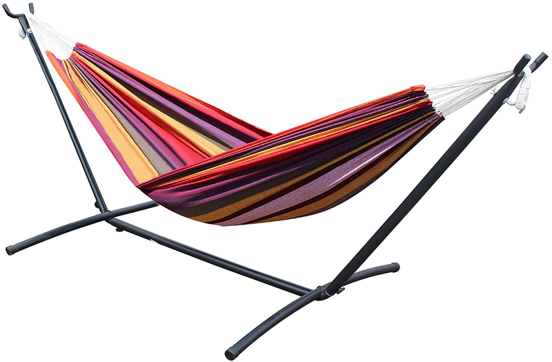 SUNNY GUARD Double Hammock with Stand 2 Person Heavy Duty,Indoor and Outdoor Brazilian Double hammocks with Accessories Steel Stand for Patio Porch Backyard Garden（450lb Capacity）-Brown Stripes