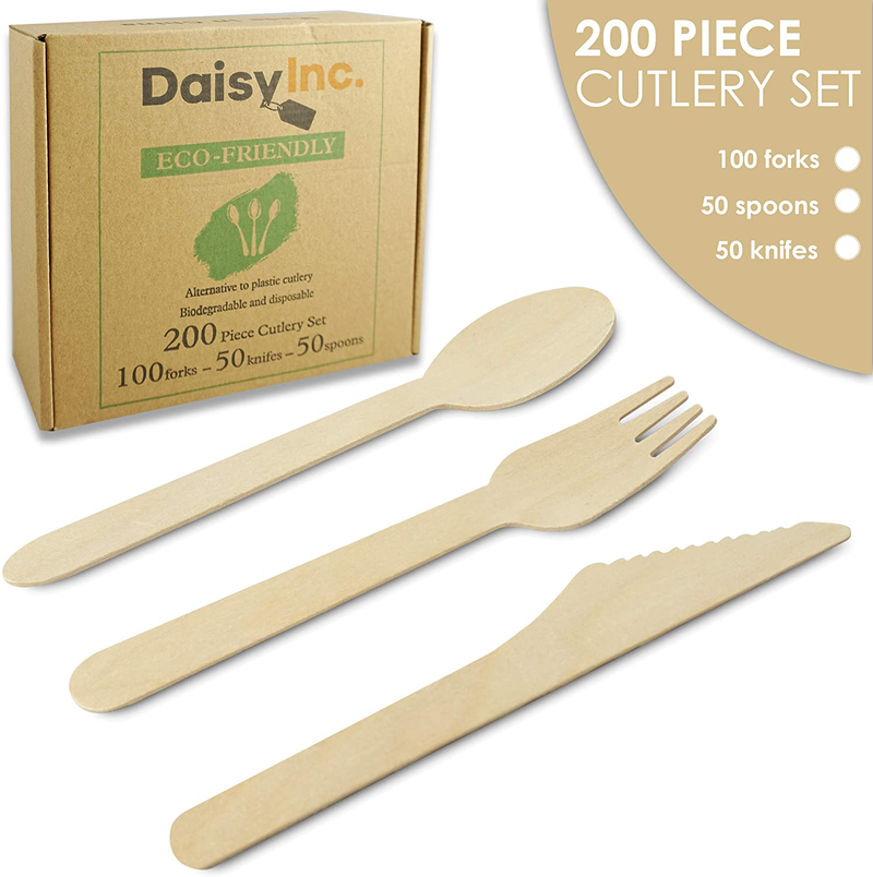 Eco-Friendly 200 Piece Disposable Wooden Cutlery. Biodegradable + Compostable. 100 Forks + 50 Knives + 50 Spoons