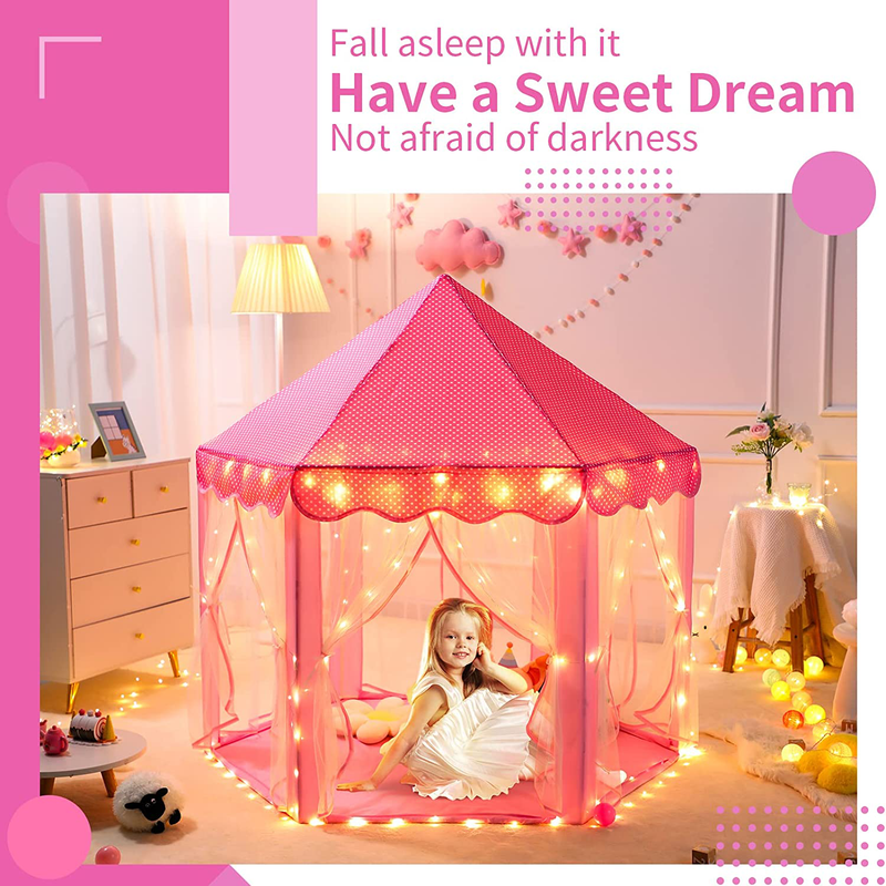 Sumbababy Princess Castle Tent for Girls Fairy Play Tents for Kids Hexagon Playhouse with Fairy Star Lights Toys for Children or Toddlers Indoor or Outdoor Games (Pink) Sporting Goods > Outdoor Recreation > Camping & Hiking > Tent Accessories Sumbababy   