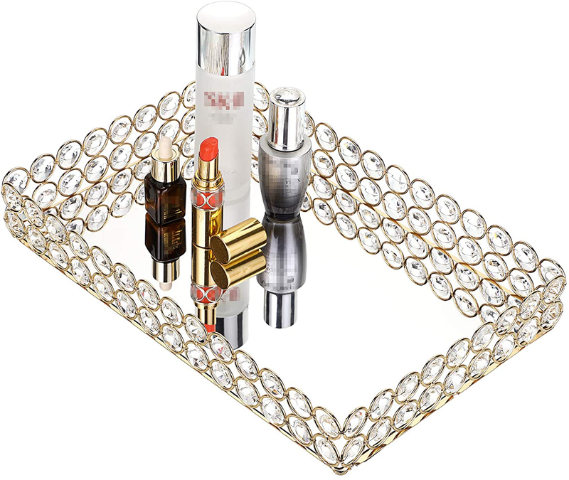 Hipiwe Crystal Cosmetic Makeup Tray - Large Mirrored Vanity Tray Jewelry Trinket Organizer TrayTray Home Decorative Dresser Tray Bathroom Tray, 13.7"x 7.87" Home & Garden > Decor > Decorative Trays Hipiwe Gold Medium 