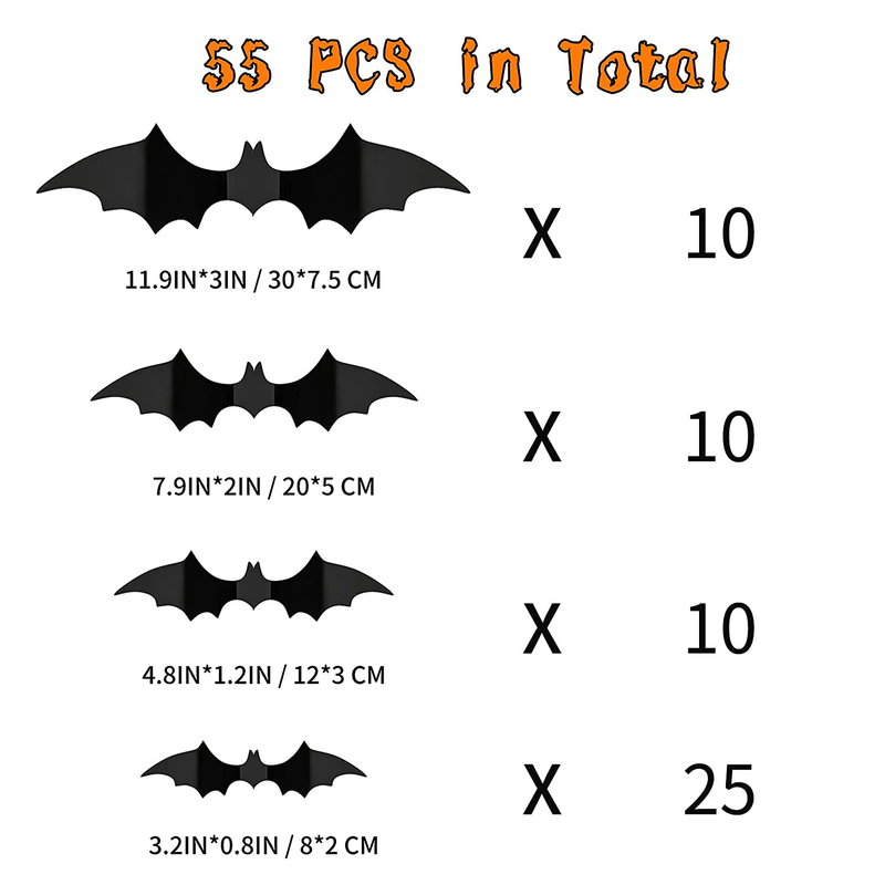 Ginkko 55PCS Halloween Decorations PVC 3D Bats Scary Wall Decal, 2021 Upgraded 4 Size Halloween Decor Party Decorations Realistic Stickers, DIY Waterproof Window Clings Indoor Arts & Entertainment > Party & Celebration > Party Supplies Ginkko   