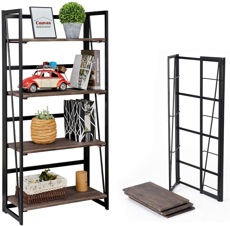 Coavas Folding Bookshelf Home Office Industrial Bookcase No Assembly Storage Shelves Vintage 4 Tiers Flower Stand Rustic Metal Book Rack Organizer, 23.6 X 11.8 X 49.4 Inches Home & Garden > Household Supplies > Storage & Organization Coavas Brown 23.6 X 11.8 X 49.4 Inches 