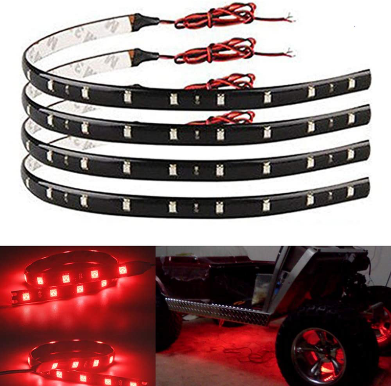 EverBright 4-Pack Red 30CM 5050 12-SMD DC 12V Flexible LED Strip Light Waterproof Car Motorcycles Decoration Light Interior Exterior Bulbs Vehicle DRL Day Running with Built-in 3M Tape  YM E-Bright Red  