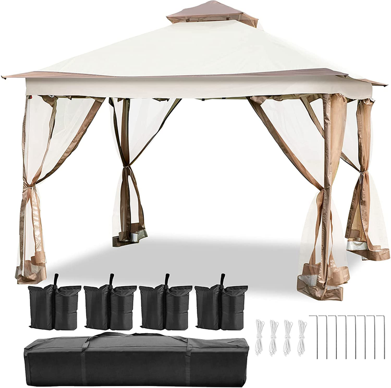 Happybuy 12x12ft Outdoor Pop-Up Canopy Gazebo Starter Kit, Equipped with Four Sandbags, Ground Spikes, Netting, Ropes, Carrying Bag - Portable Brown Tent for Backyard, Patio and Lawn, Upgraded Version Home & Garden > Lawn & Garden > Outdoor Living > Outdoor Structures > Canopies & Gazebos Happybuy 12x12FT  