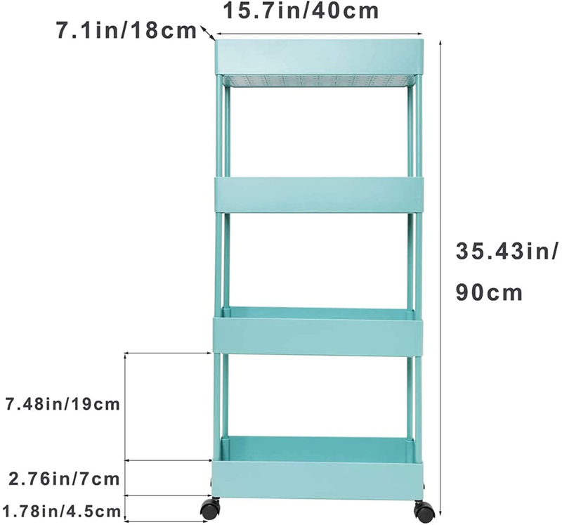 OVAKIA 4-Tier Slim Rolling Utility Cart Storage Shelves Trolley Storage Organizer Shelving Rack with Mesh Baskets / Wheel Casters for Laundry Pantry Bathroom Kitchen Office Narrow Places(Teal) Home & Garden > Kitchen & Dining > Food Storage LIVECOMFY   